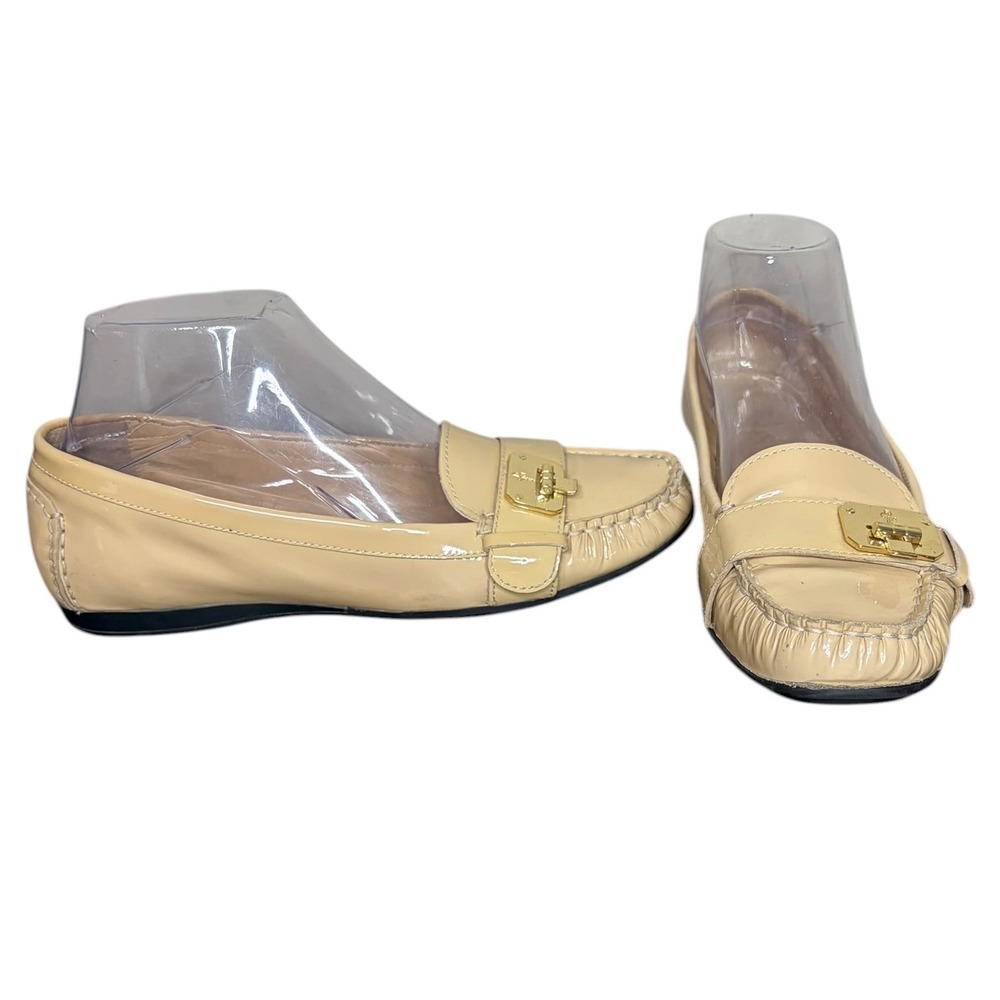 Cole Haan Beige Patent Loafers Nike Air Tali Buckle Flats Women 8 AA